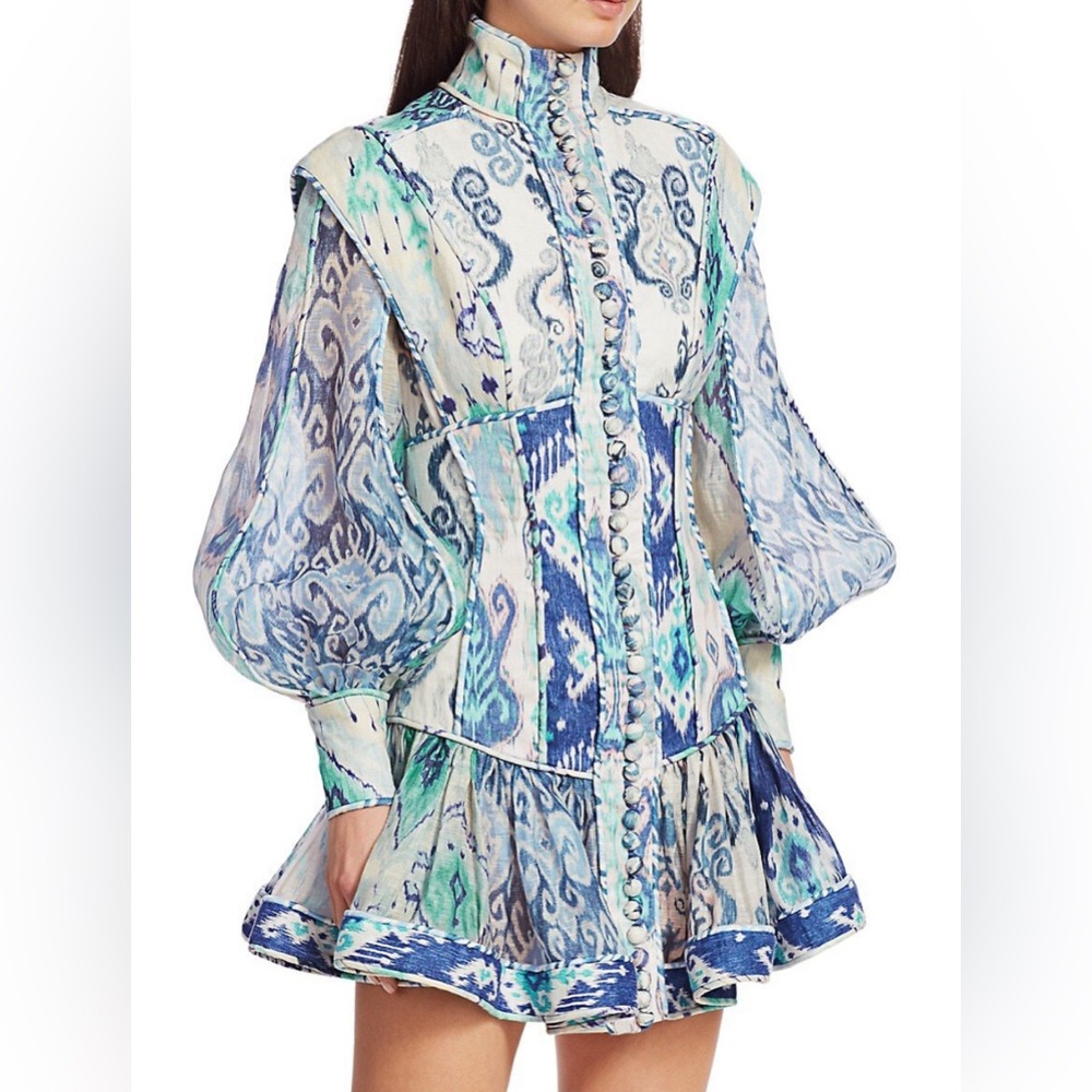 Zimmerman Glassy Long-Sleeve Mini Dress - Spliced Blue Ikat